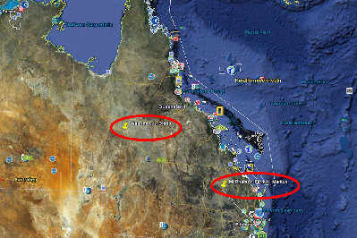 Queensland mit rot markierten Orten bzgl. der McPherson-Farm.